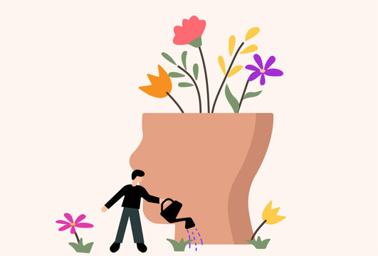 Man watering plants and flower, mental health care illustration