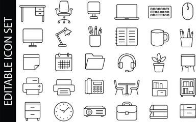 Minimal black and white line icons of office items such as desk, computer, printer, chair, and stationery.