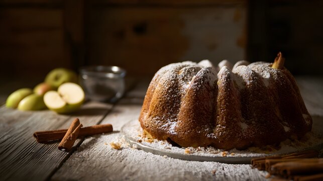 Rustic Apple Bundt Cake Cozy Vintage Dessert Photography Warm Autumn Baking Lifestyle Still Life Food Stock Image