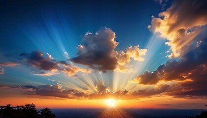Fototapeta premium Sun Rays On Sunset Sky With Blue Ond Orange Colorful Sunset Clouds