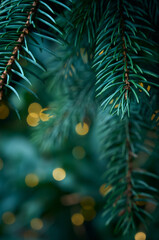 Christmas tree branch and yellow lights garlands blurred in bokeh.