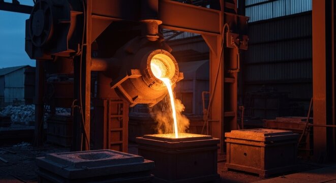 Molten metal pouring from a large industrial crucible into a container