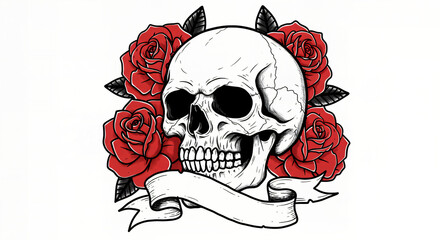 Skull art with bold red roses and a blank banner ready for your custom edgy message design