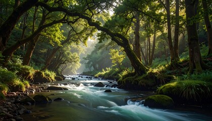 Fototapeta premium A Stunning Forest River Scene with Lush Green Trees and Flowing Water