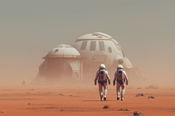 Two Astronauts in White Suits Walking Towards a Large Future Habitat Base on the Dusty Red Surface of Mars