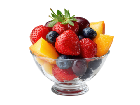 Fresh red strawberries blueberries orange peach chunks in glass bowl strawberry blueberry, Isolated, Png Transparent Background
