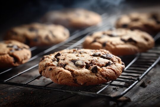 Freshly baked chocolate chip cookies cooling on a wire rack in a cozy kitchen with warm lighting and a rustic wooden table setting