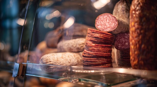 Artisanal cured meats display a delicious selection within a modern butcher shop glass case