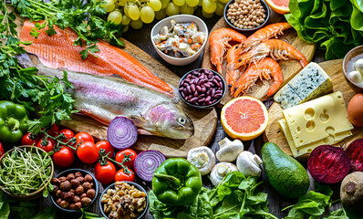 Food products representing the pescetarian diet