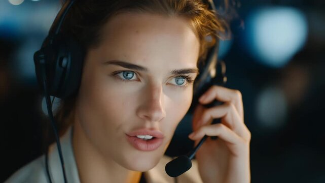 Close-up of 911 dispatcher using a holographic voice analytics dashboard that highlights caller emotions, background noise, and key urgency phrases for AI-enhanced decision-making. cinematic color
