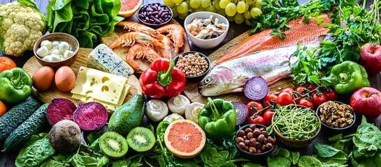 Food products representing the pescetarian diet