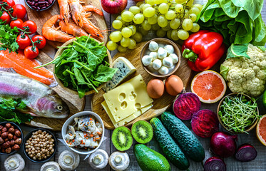 Food products representing the pescetarian diet