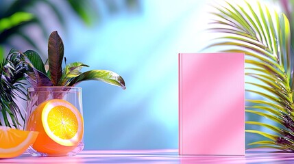 A pink book stands next to a glass with an orange slice and a plant, with tropical leaves and a soft blue background.