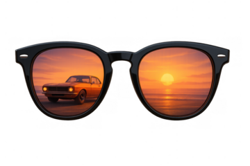 Sunglasses reflecting a vintage car driving along a coastal road at orange sunset over the ocean