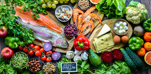 Food products representing the pescetarian diet