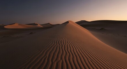 Sweeping sand dunes under soft twilight, textured with wind ripples, brown hues