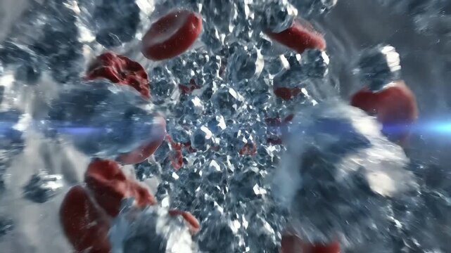 The bloodstream saturated with sodium ions, the camera gliding past shimmering crystalline particles swirling among red blood cells