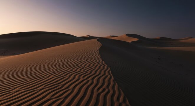 Sweeping desert dunes in warm sunlight, rippled sand stretches into distance