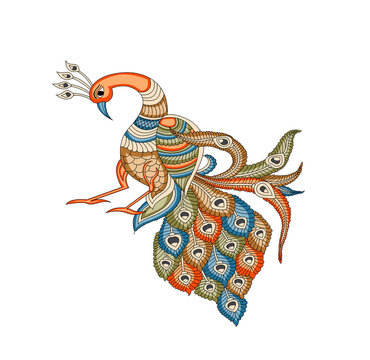 Highly detailed peacock created in traditional Indian Kalamkari folk art style. Ideal for textiles, prints, crafts, and digital projects.