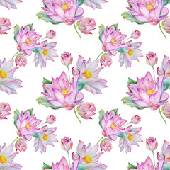 Seamless watercolor pattern with pink lotus flowers and green leaves. Hand-painted botanical illustration symbolizing purity and calm. Perfect for yoga design, fabric prints, spa branding, and station
