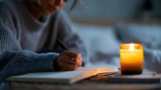 Person in warm sweater writes thoughtfully in notebook beside glowing candle, evoking calm, introspection. Soft lighting, relaxed mood highlight self care, mindful evening routines