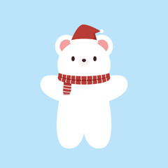Merry Christmas. White polar bear in red scarf. Funny smiling face. Cute kawaii cartoon baby character. Candy cane. Greeting Card, sticker print. Childish style. Flat design. Vector