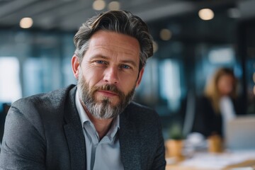 Businessman leaning forward slightly with attentive gaze, actively listening during meeting.