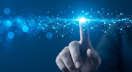 Fingertip touching a glowing network of connections in abstract blue background
