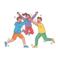 Three Happy Friends Celebrating Together With High Fives And Jumping In The Air They Are Wearing Casual Clothes And Shoes And A Black Background With White Lines