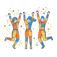 Three Diverse People Celebrating Victory Together in Colorful Jumpsuits with Confetti Falling Around Them