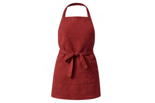 Red cooking apron hanging, tied with a bow, uniform for chef and baker, protective clothing with transparent background