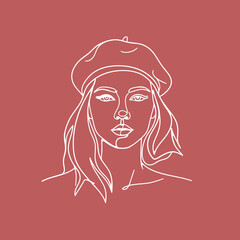 Minimalist Continuous Line Art Portrait of a Woman Wearing a Beret Hat, White Outline Drawing Representing Parisian Chic and Feminine Style on a Red Background.