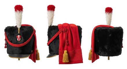 Historic military colpack fur hat with feather and tassels from three different views isolated
