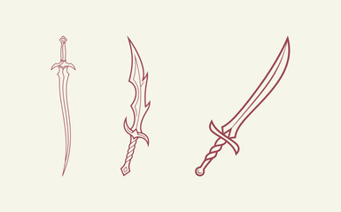 Set of Three Minimalist Line Art Illustrations of Fantasy Swords or Daggers, Outline Sketches Representing Weapons, Medieval Combat, and Gaming on a Light Background.