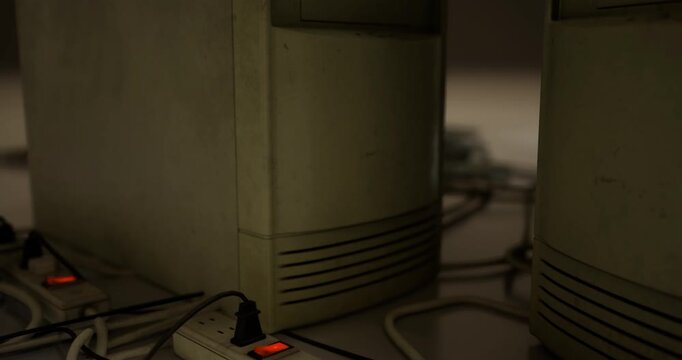 Old computer equipment sits untouched in a dusty storage area, collecting dirt and displaying signs of long term neglect. The atmosphere conveys a sense of forgotten technology and time.
