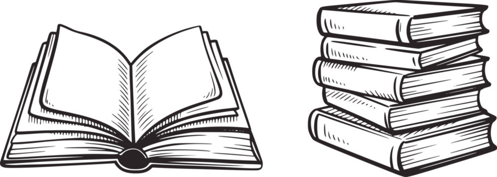 Open book and stacked books sketch black