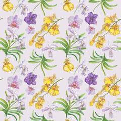 Fototapeta premium Orchid flower with green leaves, hand-painted in realistic botanical style. Seamless pattern. Watercolor illustration. Perfect for floral prints, packaging textiles, cards, and natural design projects