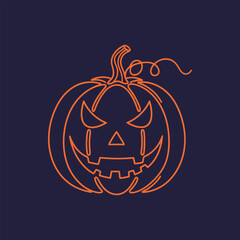 Continuous Line Art Illustration of a Spooky Jack-O'-Lantern Pumpkin, Minimalist Orange Outline Drawing for Halloween and Fall Decoration on a Dark Background.