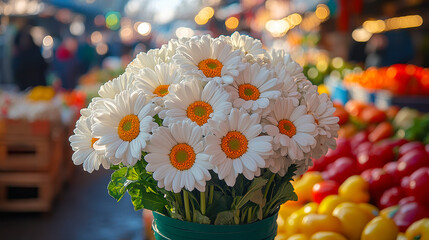 Beautiful White Daisy Flowers Bouquet at Lively Outdoor Farmers Market, Fresh Produce and People in Blurred Background