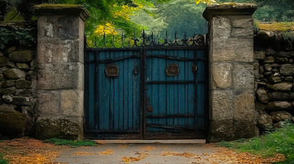 Rustic Iron Gate on Stone Wall in Idyllic Countryside Setting for Vintage Charm and Security