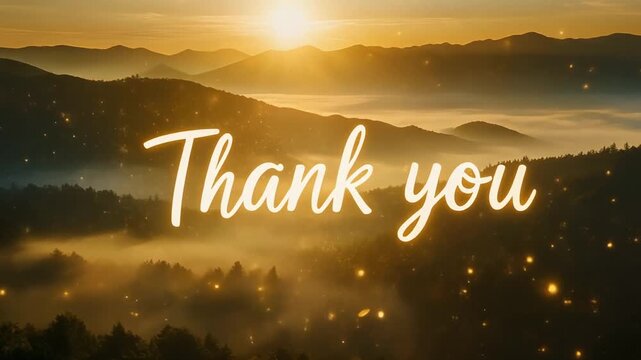 A heartfelt 'Thank You' message glowing brightly over a breathtaking sunrise, illuminating a serene misty mountain landscape with shimmering light particles