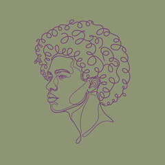 Minimalist continuous line drawing of an African American woman with afro curls hairstyle on a muted olive green background, profile portrait.
