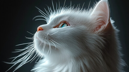 Elegant White Cat in Studio Lighting - Close-Up Portrait, Pristine Fur Details, Side Profile Focus, Beautiful Feline, Pet Photography, High-Quality Image