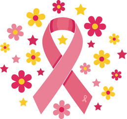 Symbol of Hope Pink Ribbon with Flowers and Stars for Breast Cancer Awareness and Support