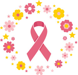 Delicate pink ribbon embraced by a cheerful wreath of colorful flowers and stars, symbolizing breast cancer awareness, support, and the enduring spirit of hope