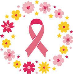 Pink ribbon symbol for breast cancer awareness month set in a beautiful floral wreath with stars. Vector illustration for hope and support