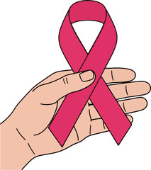 Hand Holding Pink Ribbon Symbolizing Breast Cancer Awareness and Support