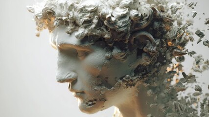 A close up of a marble statue's head partially disintegrating into digital particles, symbolizing the fusion of classical art and contemporary technology. The image captures motion and artistic decay - Powered by Adobe