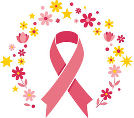 Vibrant Pink Ribbon Symbol for Breast Cancer Awareness, Adorned with a Delicate Floral Wreath and Sparkling Stars, Representing Hope, Support, and Solidarity for a Vital Health Cause