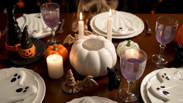 Halloween-themed dining table with ghost plates, white pumpkin centerpiece, orange and black candles, and festive decorations including mini pumpkins and purple drinks in dim candlelight